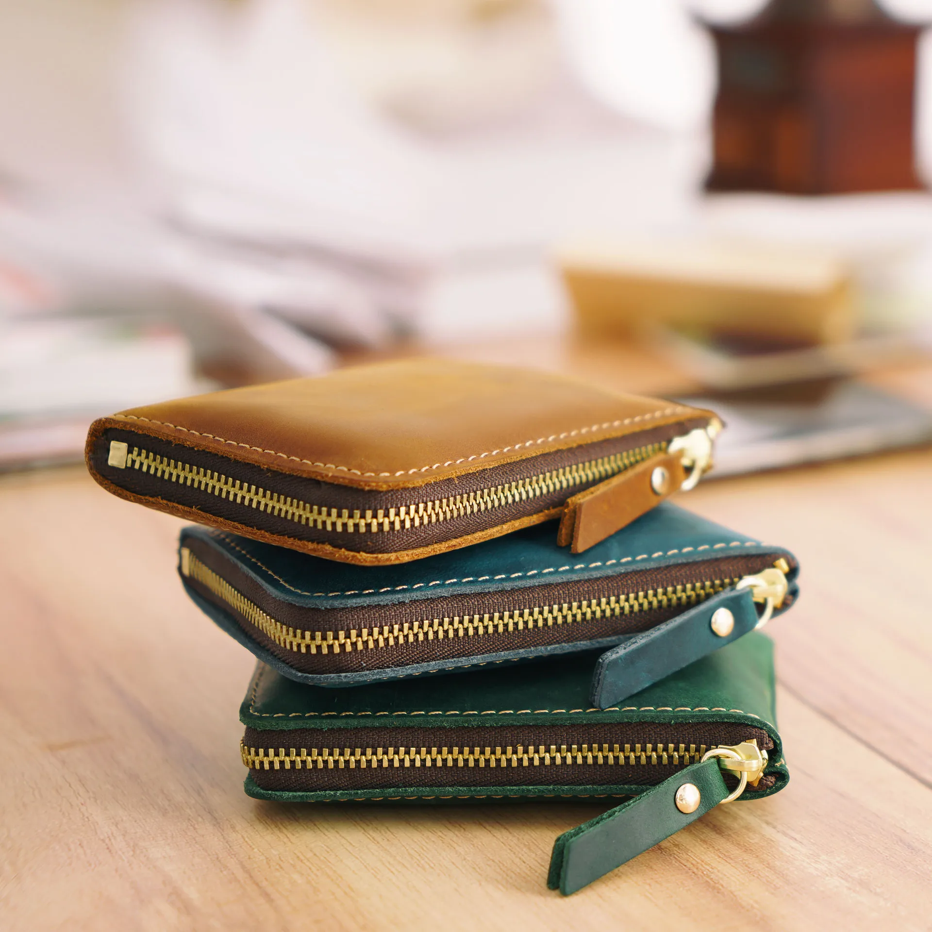 Handmade Mens Wallet Leather Genuine Short Vintage Zipper Wallet for Men Crazy Horse Leather Small Coin Pocket Money Bag