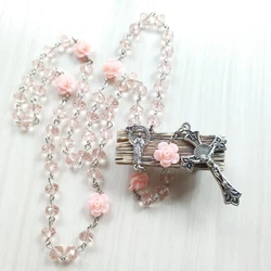 Rose Crystal Rosary Necklace Catholic Vintage Cross Pendant Long Chain Necklace Religious Jewelry Gift