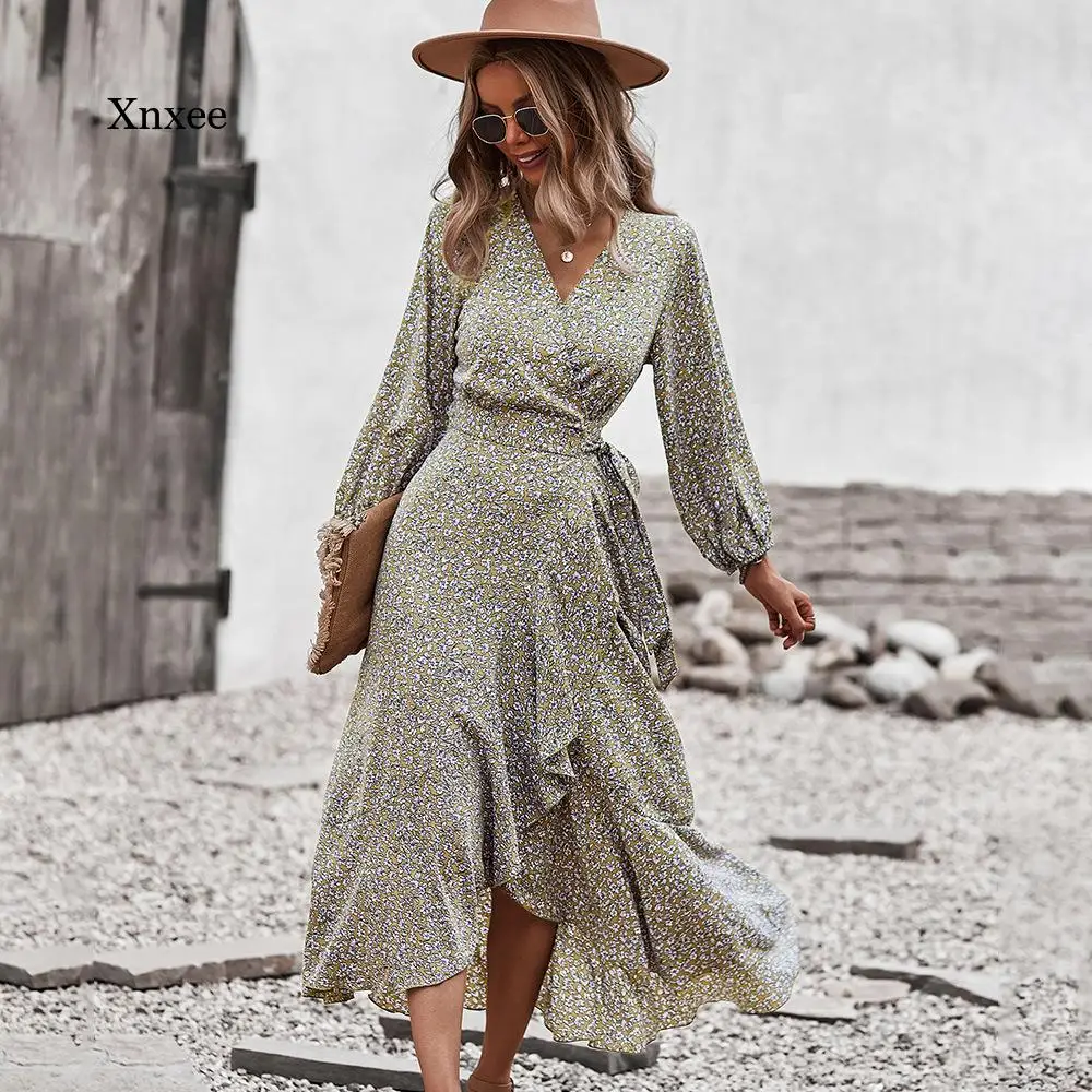 Full Sleeve Robe Autumn Winter Long Bandage Floral Print Dress Women New Casual V Neck Hight Waist Ladies Elegant Maxi Dresses