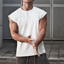 New Men O-neck Tank Top Pure Color Cotton Summer Vest Gym Muscle Bodybuilding Streetwear Sleeveless Shirt Workout Fitness Sport