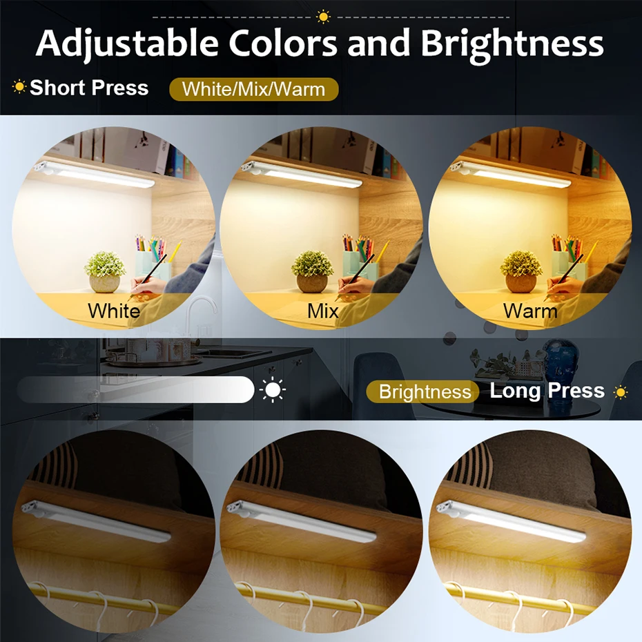 LED Cabinet Light Motion Sensor Kitchen Lamp 80/120/160 LEDs USB Rechargeable Wardrobe Closet Lamp Dimmable With Magnetic Stripe