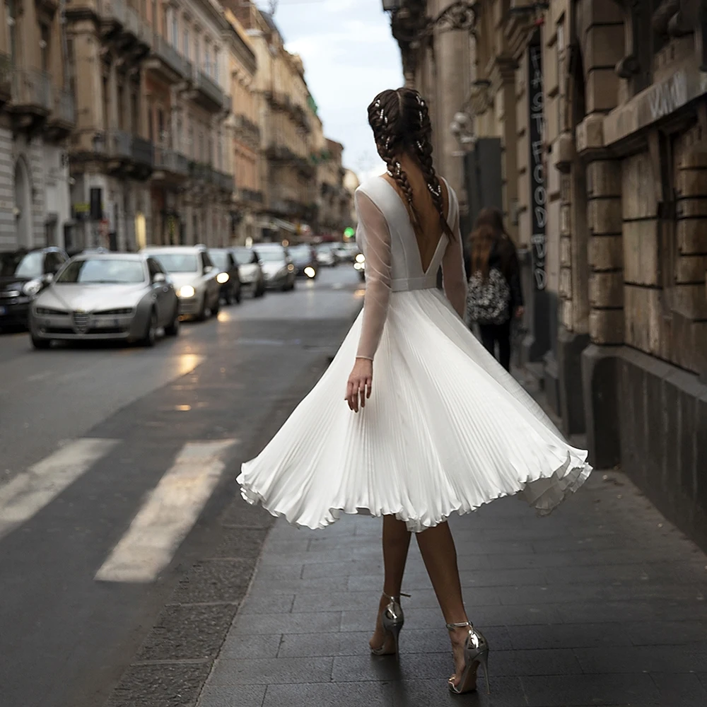 Vestido De novia elegante con cuello en V, vestido De novia De corte en A, manga larga, con volantes, talla grande, hasta la rodilla, 2021