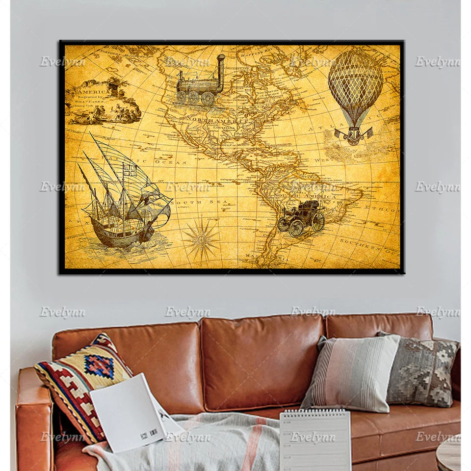 Map Discovery America Canvas,Vintage America Map Wall Art Posters and Prints Home Decor,Housewarming Gift,Canvas on Wooden Frame