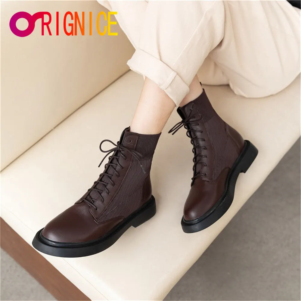 

Orignice Hot Sale Genuine Leather Knitting Women Cross Tied Side Zipper Ankle Boots Autumn Winter Warm Thick Heel Casual Shoes