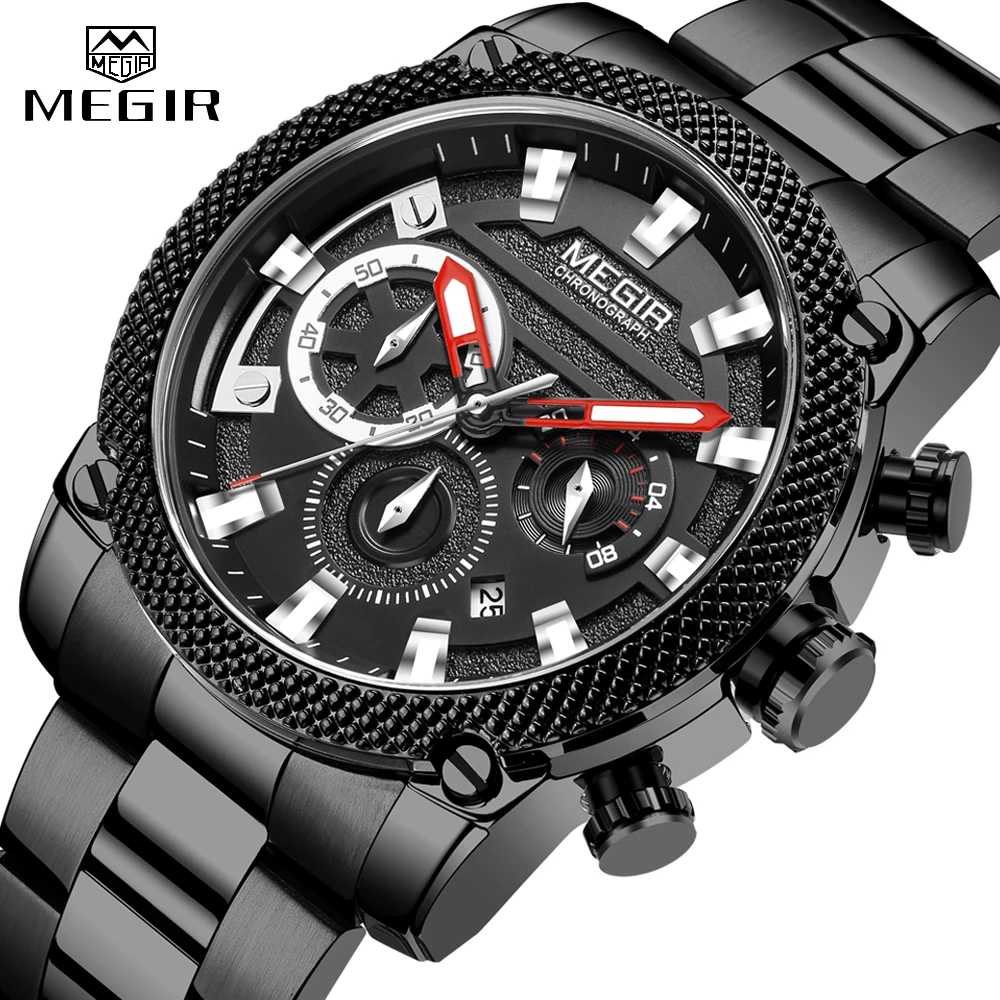 

MEGIR Mens Watches Top Luxury Brand Black Stainless Steel Sport Waterproof Quartz Men Watch Army Military Chronograph Wristwatch