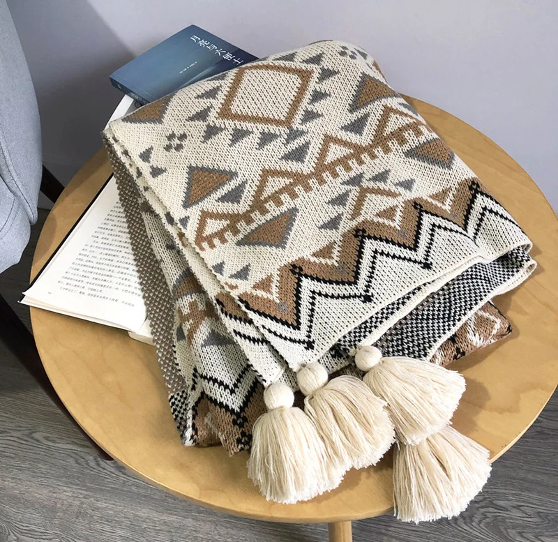 Simple Nordic Knitted Blanket With Tassel Tapestry Bedspread Throw Travel Beach Towel Sofa Cover Soft Wool Bohemian Large Shawl