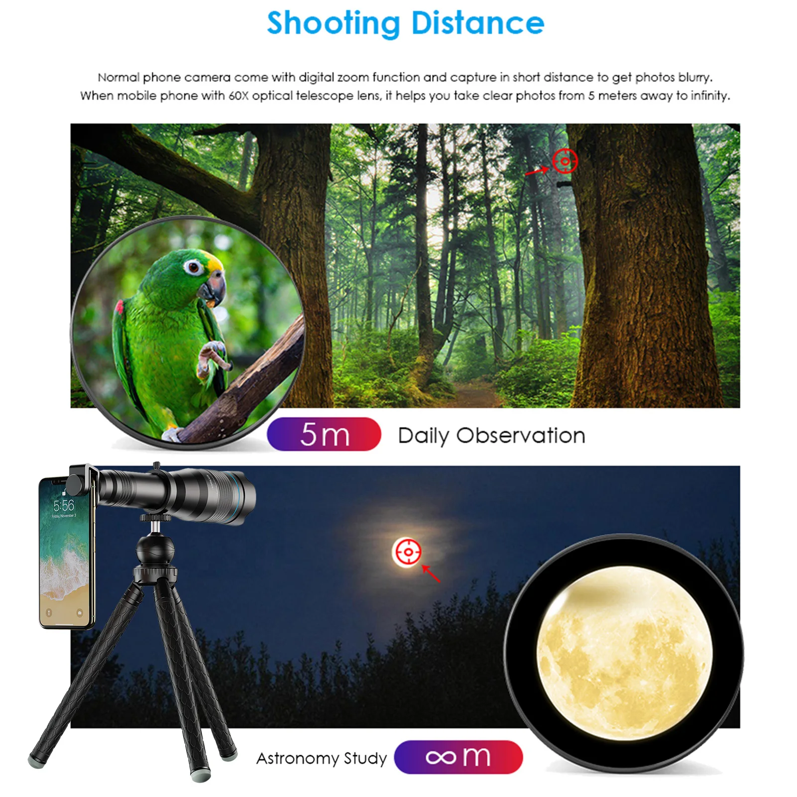 HD 60X 단안 망원경 망원 렌즈, 전화 클립 삼각대 및 보관 가방 포함, 아이폰용 전문 휴대폰 카메라 렌즈