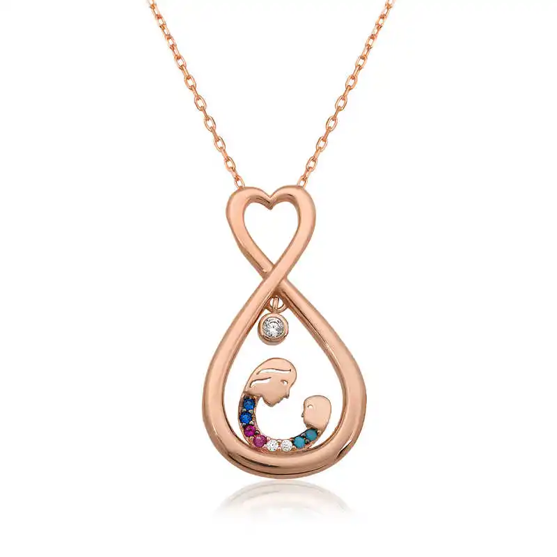 Silver Infinite Heart Mother Child Necklace Zircon Stone 925 Sterling Women Fine Jewelry Wedding Party Birthday Gift - Box - Pendant - Chain Choker - Female - Ladies - Fashion