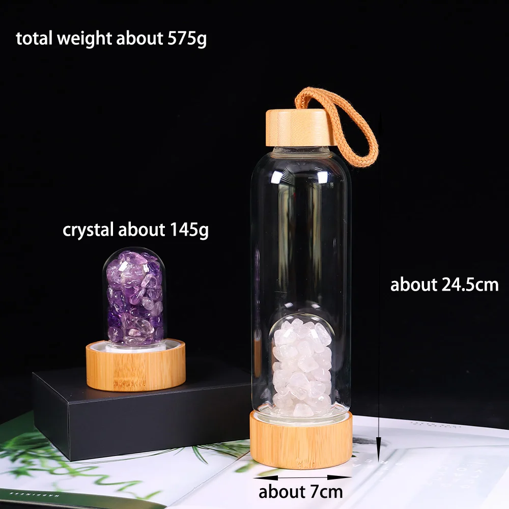 Natural Crystal Gemstone Glass Water Bottle Rose Quartz Gravel Direct Drinking Cup Bamboo Cup Cover Energy Drink Water Bottle