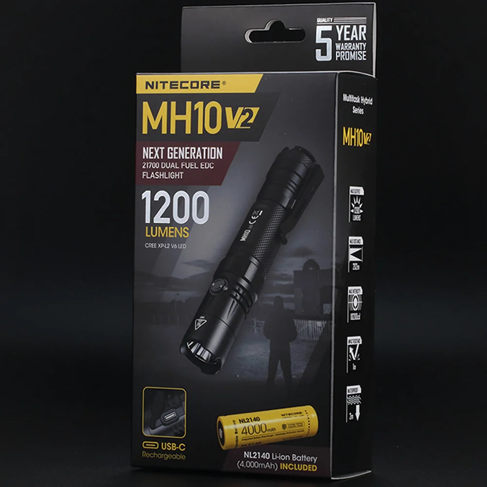 NITECORE New MH10v2 1200 Lumens LED Outdoor EDC Flashlight Tactical USB-C Rechargeable Torch 4000mAh 21700 Battery Wholesale