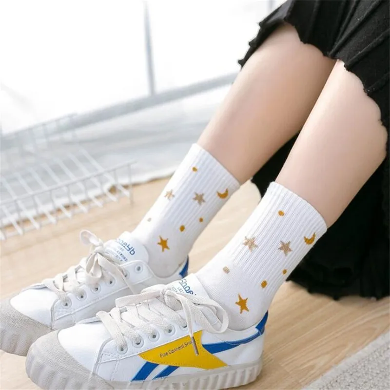 Harajuku Planet Point Yarn Funny Socks Japanese Creative Moon Stars Socks Women Warm Cute Novelty Femme Sokken Female Meias