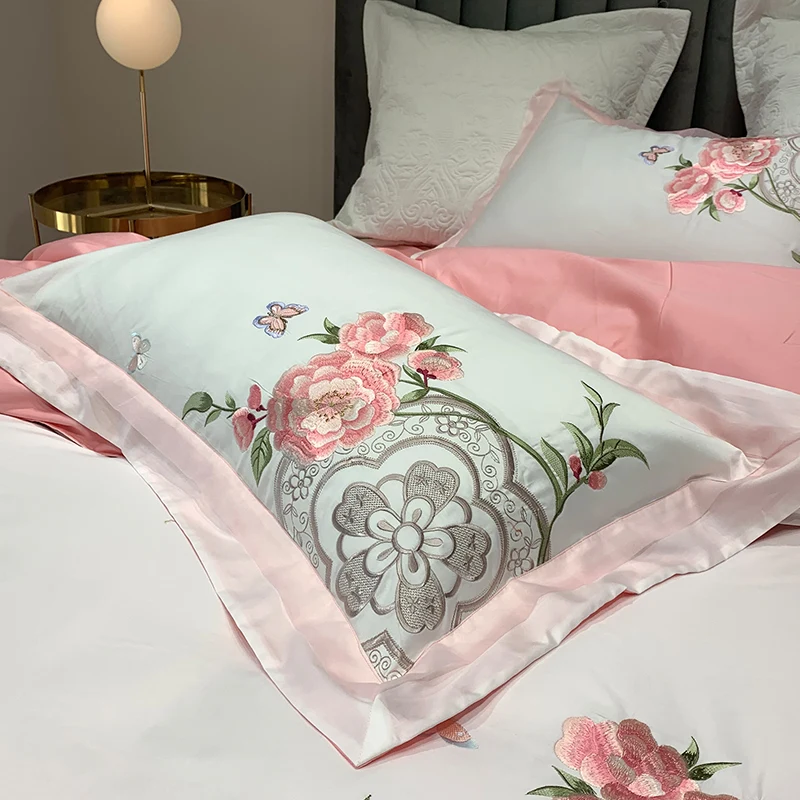 Imagem -05 - Algodão Egípcio Bordado Conjunto de Cama Capa Edredão Conjunto com Folha Fronha Peças Rainha Rei Tamanho Branco & Rosa 300tc