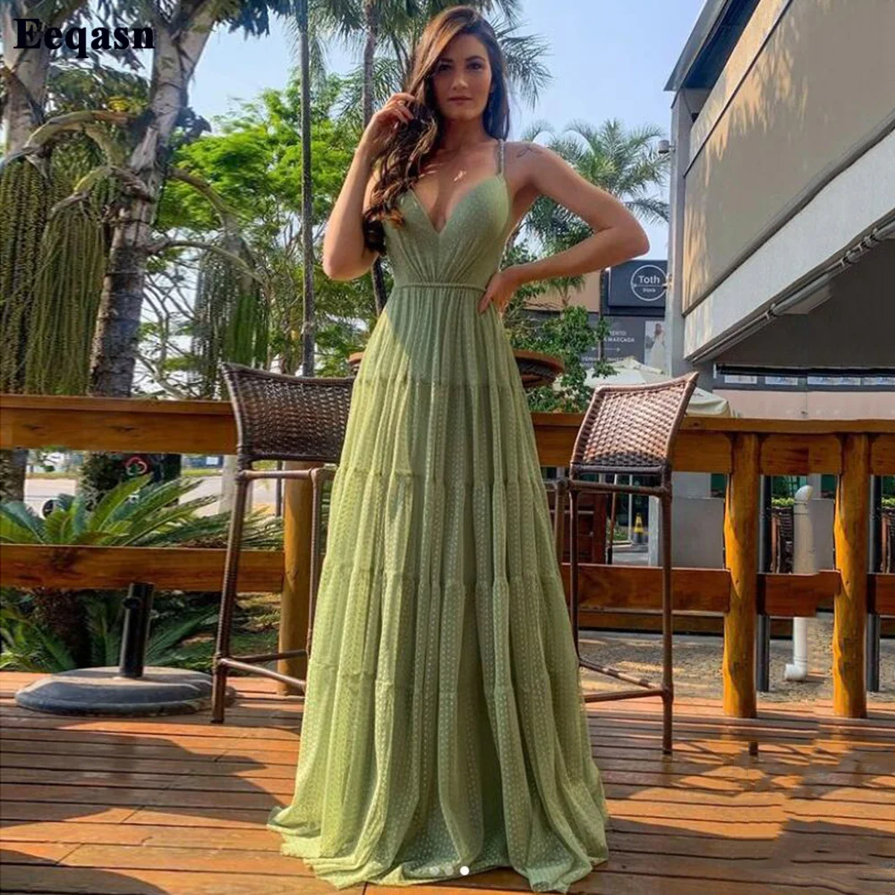 Eeqasn verde v-neck dubai vestidos de noite de tule suave longas mulheres vestidos de baile formais de praia vestido de festa saia celebridade