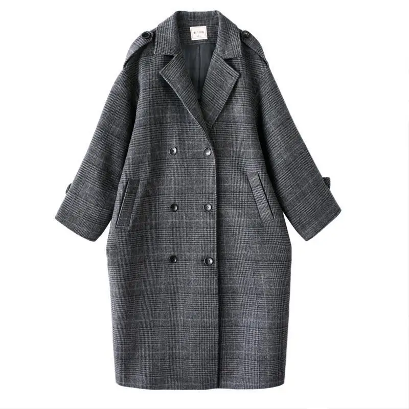 eDressU Woman Long Wool Coat Plaid High Quality Loose Oversize Autumn Winter Jacket Elegant Korean Office Lady Overcoat SY-0724