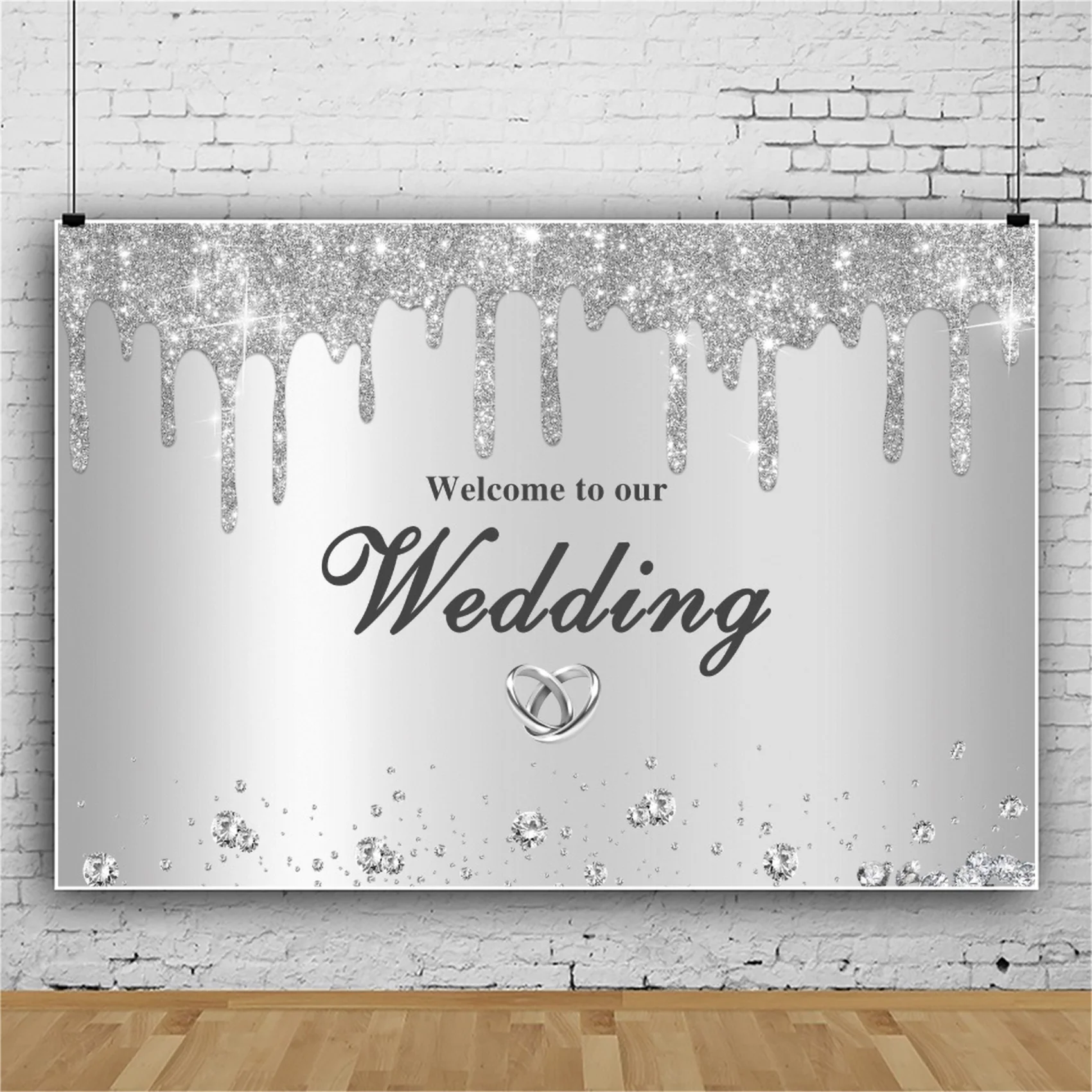 Welcome To Our Wedding Party Poster Stage Backdrop Glitter Silver Cinema Theme Wedding Decoration Photography Background Studio