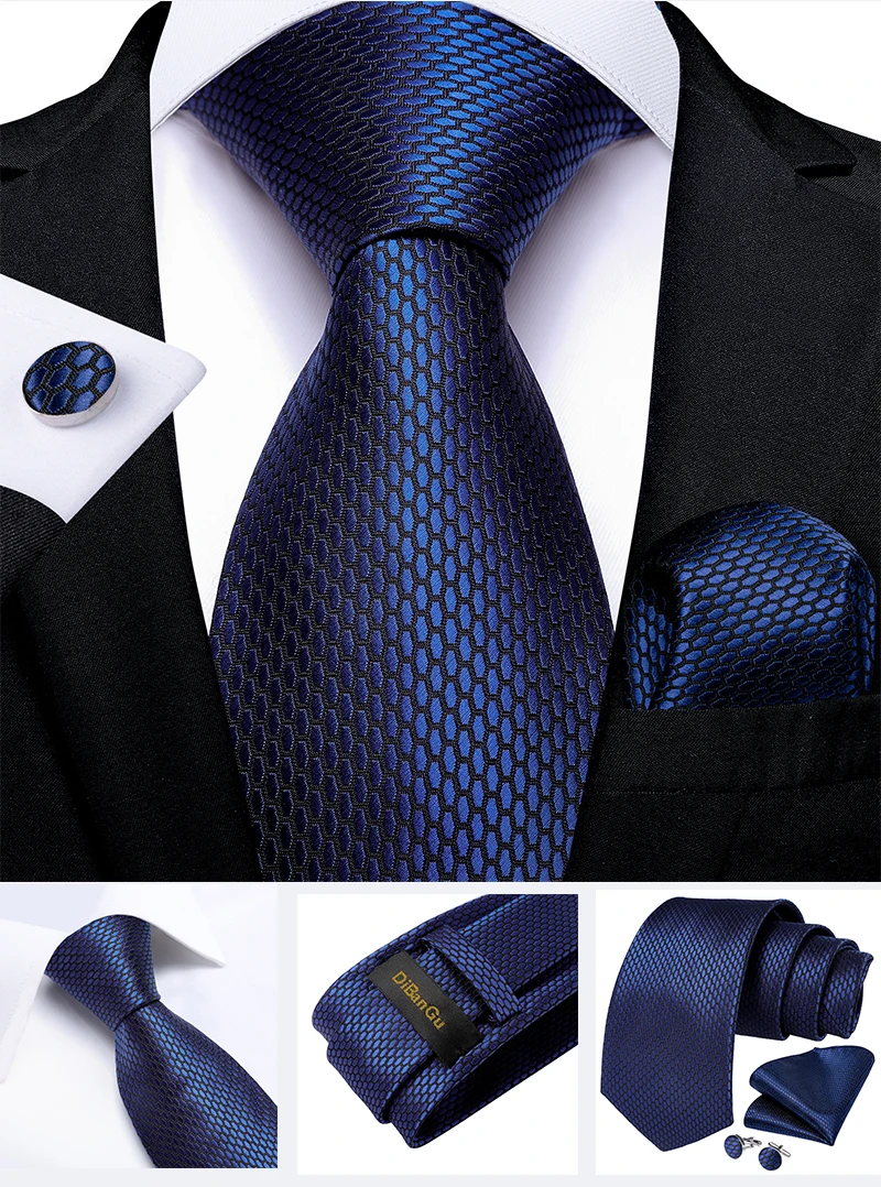 Klassische marineblaue Herrenkrawatte, gestreift, Paisley-Blumenmuster, Krawatten-Set mit Einstecktuch und Manschettenknöpfen, Business-Krawatten-Set, Geschenk für Männer – Detail 18
