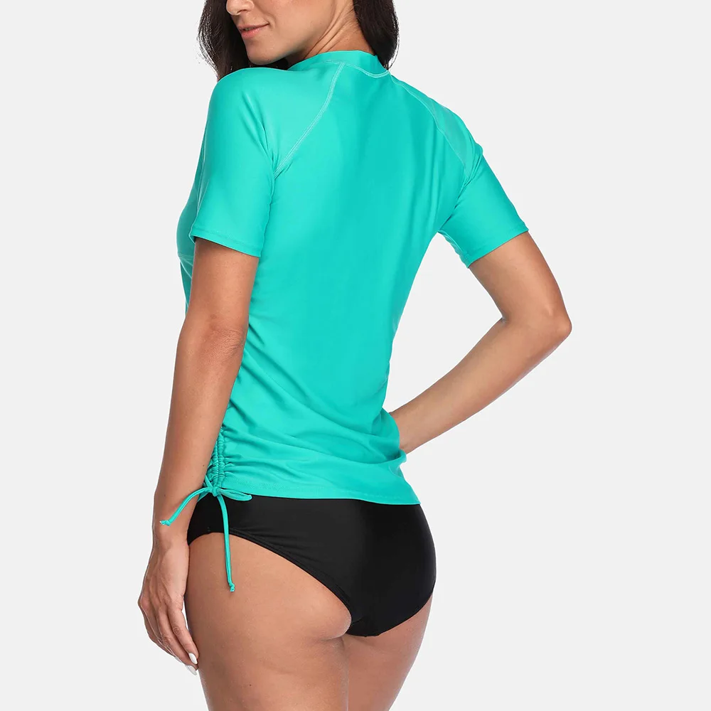 Charmo camicie Rash Guard a maniche corte da donna con Zip davanti costumi da bagno Top fasciato laterale Solid Top Diving Shirt UPF 50 +