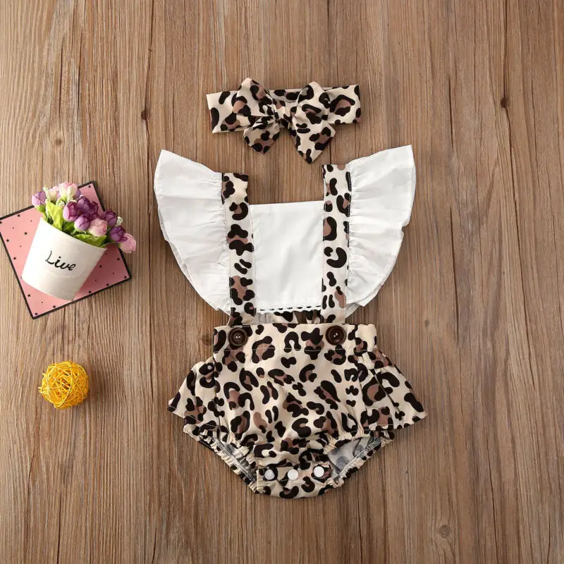 Baby Girls Clothes Newborn Leopard Print Backless Jumpsuit Girls Ruffle Square Collar Bodysuit Bow Headband Summer 2pcs Outfits