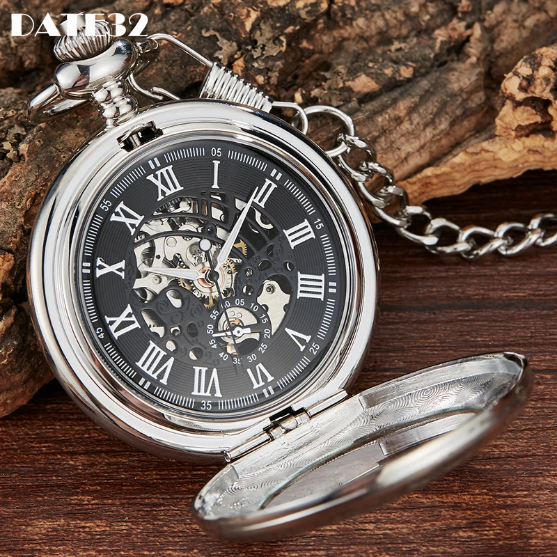 

Luxury Collection Mechanical Pocket Watch Antique Style Black Sliver Roman Numerals Fob Chain Hanging Clock for Men Dropshipping