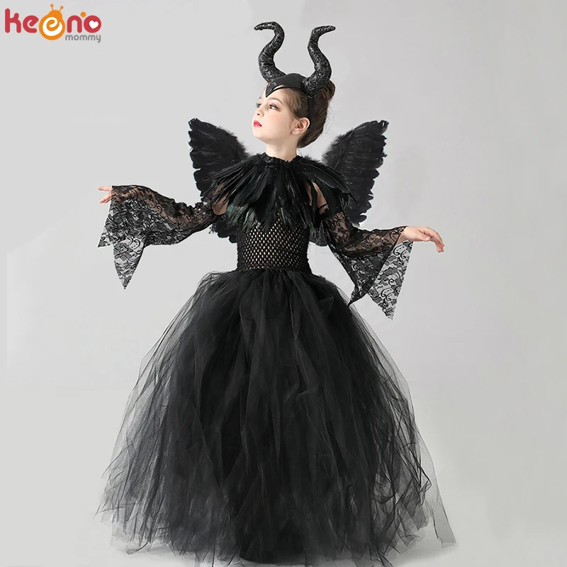 Kids Black Devil Tutu Costume Gothic Halloween Girls Fancy Tutu Dress with Feather Shawl Villain Royal Dark Queen Gown Dress