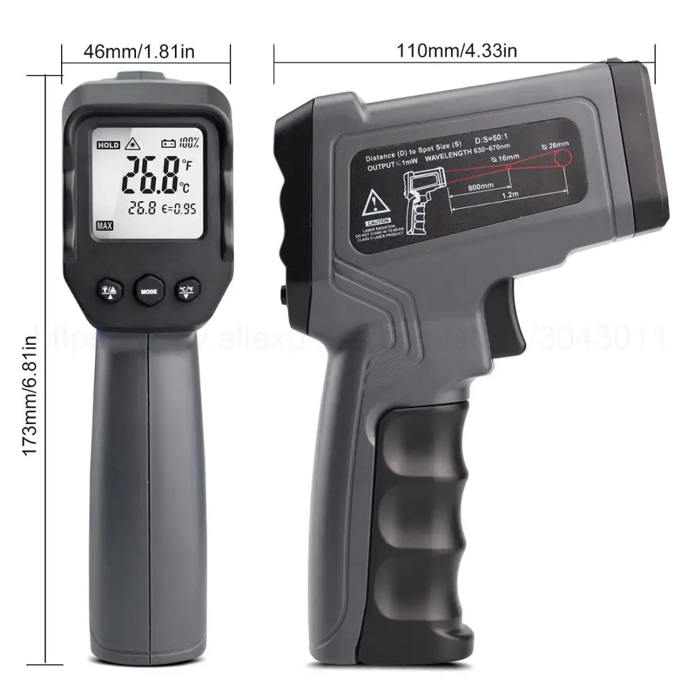 Non contact Pyrometer Infrared Thermometer -50~550/750/1100/1300/1600 degree Measurement Industrial high temperature Gun