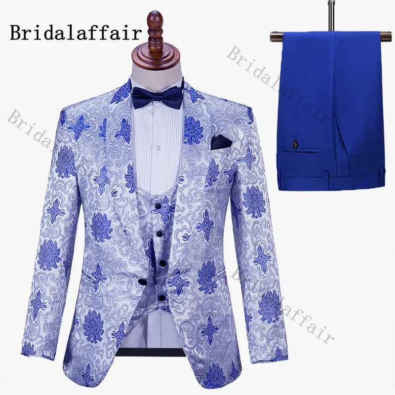 Bridalaffair Men Elegant Silver Suits With Royal Blue Floral Print Jacquard Costume Homme for Men 3 Pieces Wedding Suit Tuxedo