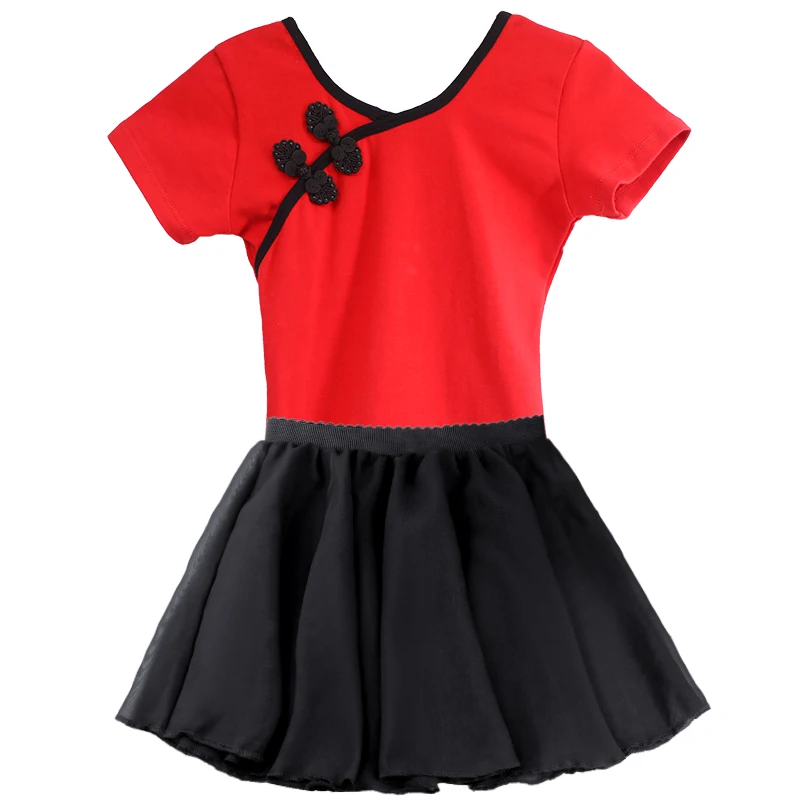 Girls Kids Ballet Dance Leotard Tutu Suit Red Black Dance Dress Lyrical Girls Chinese Knot Cotton Ballet Dance Wear Clothing