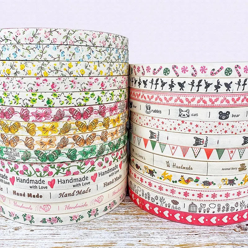 15mm Cotton Ribbon Handmade Flower Pattern Printed Cotton Ribbons For Christmas Wedding Decoration DIY Sewing Fabric