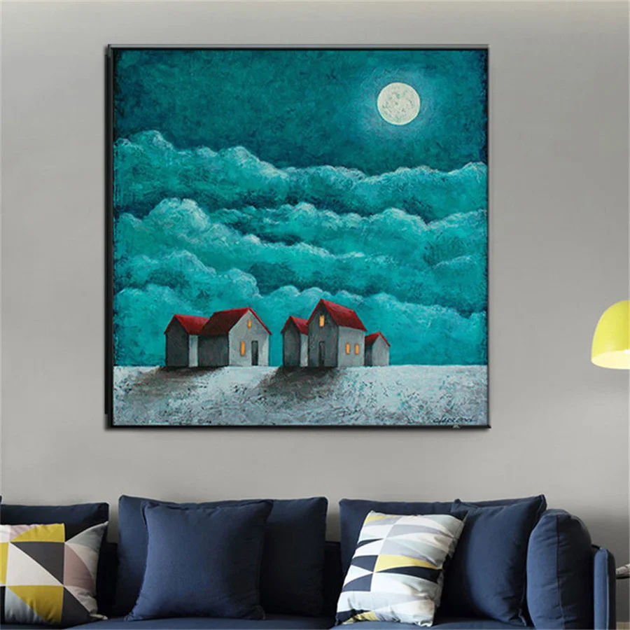 100% Hand-Painted Abstract Oil Paintings Wall Art Ainting Country Pastoral Moon Canvas Mural Manor Landscape Picture Decor Home