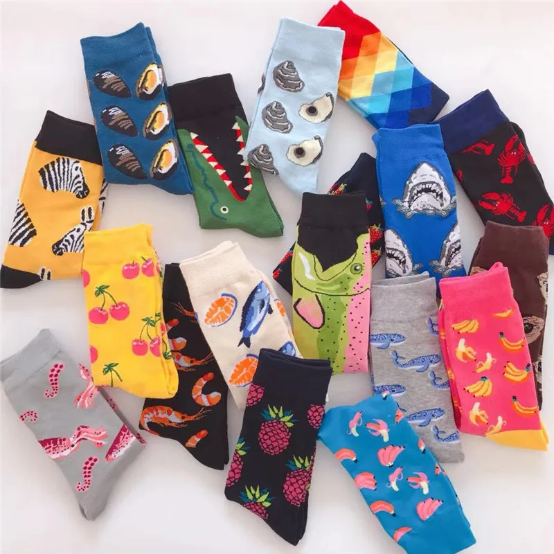 Men Socks Cartoon Crocodile Zebra Cherry Strawberry Pineapple Banana Harajuku Happy Funny Male Hip Hop Street Skate Cotton Socks