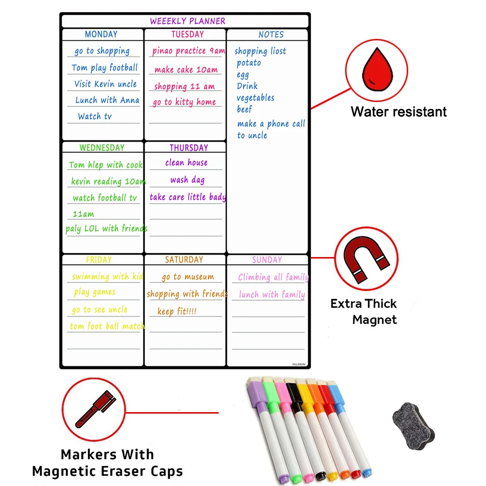 Hivillexun-Folha Magnetic Whiteboard para Geladeira, Multipurpose Frigorífico, Weekly White Board, Calendário para Menu com 8 Marcadores