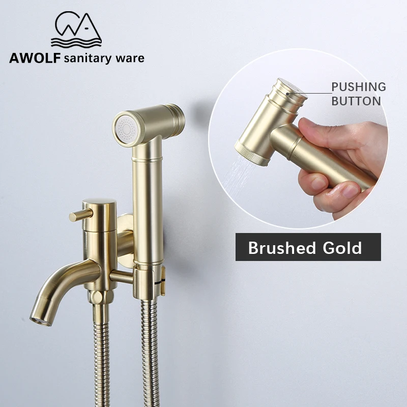 Hand Held Bidet Sprayer Brushed Gold Bidet Faucet Toilet Shattaf Solid Brass Douche Kit Pushign Button Stainless Steel AP2205