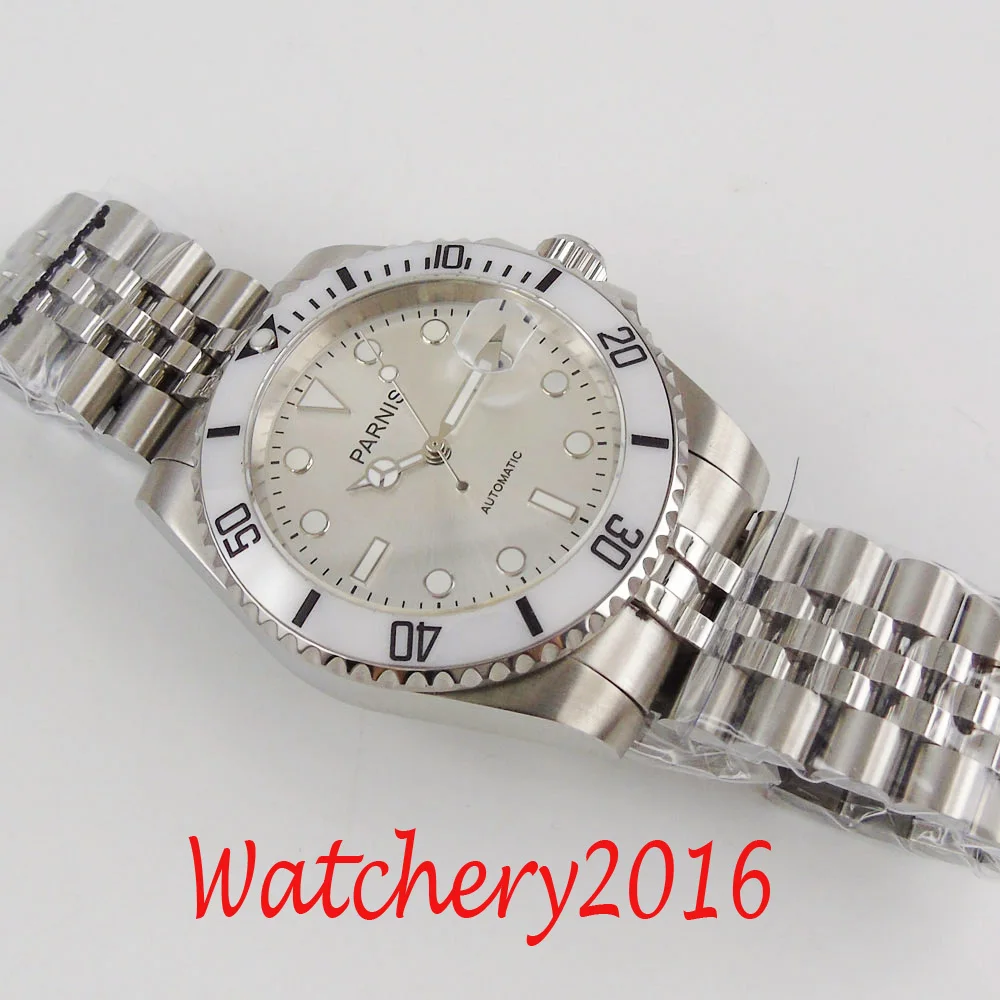 40mm Parnis Silver Dial Sapphire Glass Date White Ceramic Bezel Automatic Movement Mens Watch