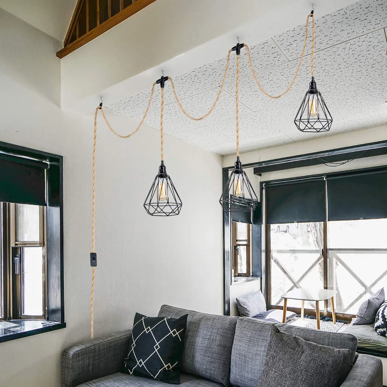 Lámpara colgante de cáñamo con cuerda para Loft, 3 cabezales, Vintage, juego de cables, enchufe, dormitorio, sala de estar