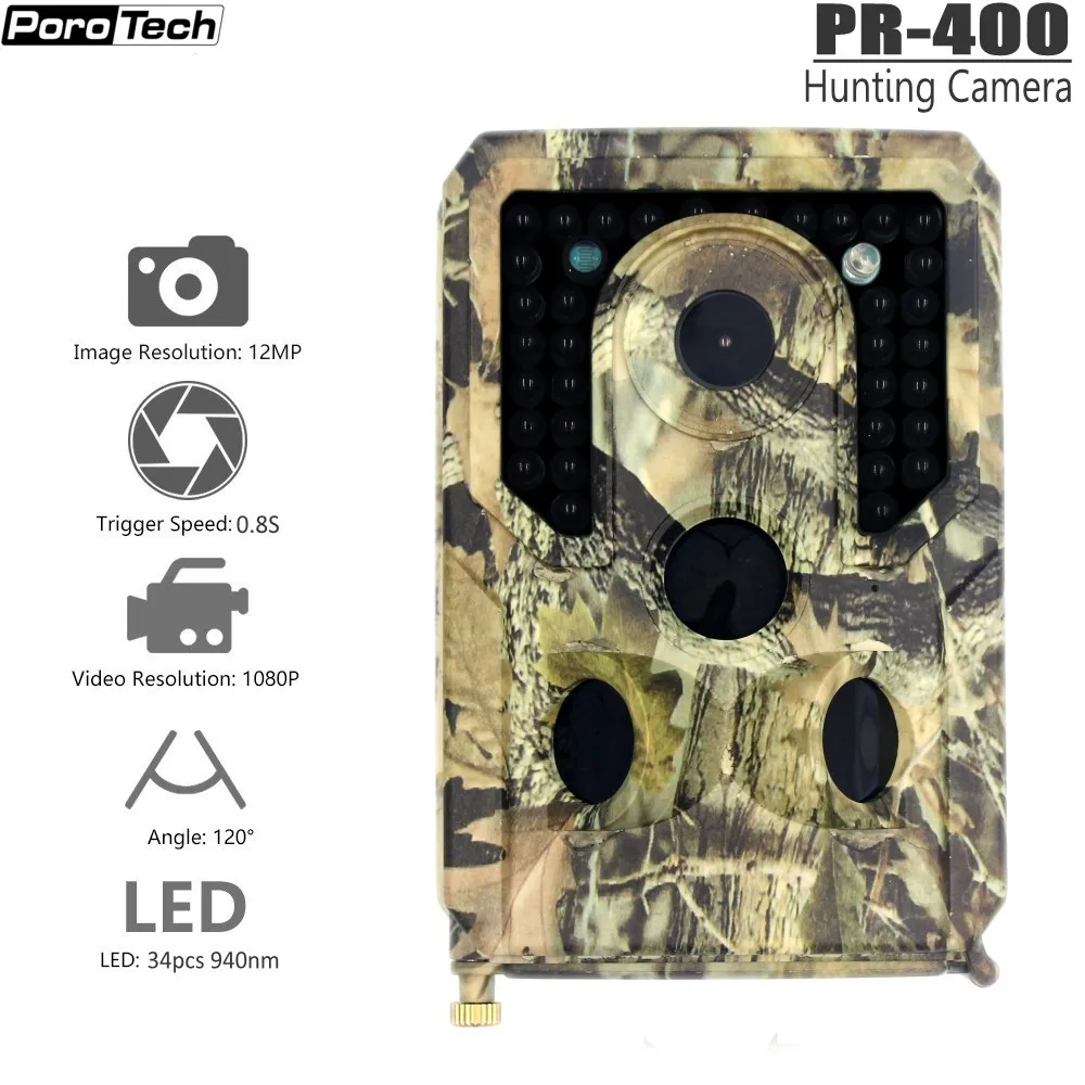 

PR-400 Trail Camera 12MP 1080P 34pcs Infrared LEDs 940nm Hunting Camera IP56 Waterproof 120 Degree Angle Wild Camera