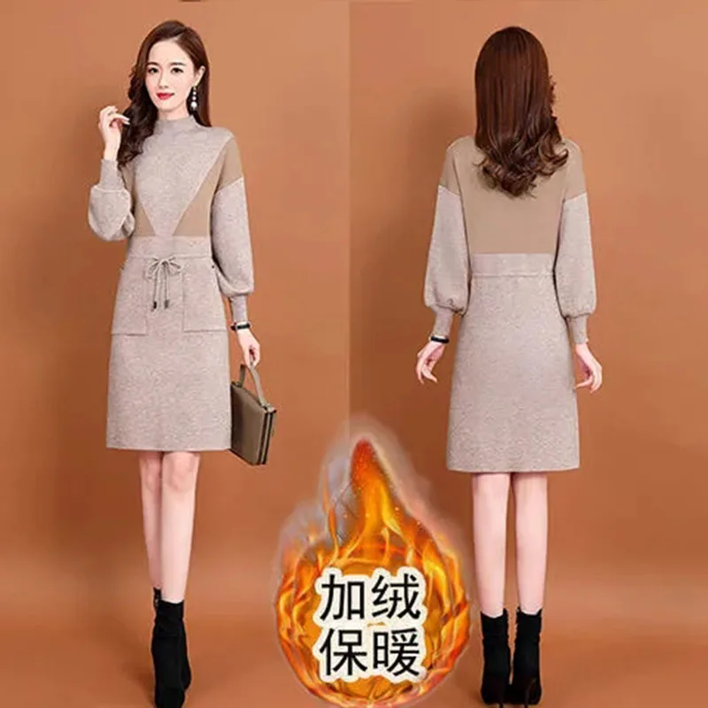 Autumn Winter knit Women Dress Female Long Sleeve No Velvet/Add Velvet Dress Girl Elegant Vestido Ladies Dresses 3XLB1778