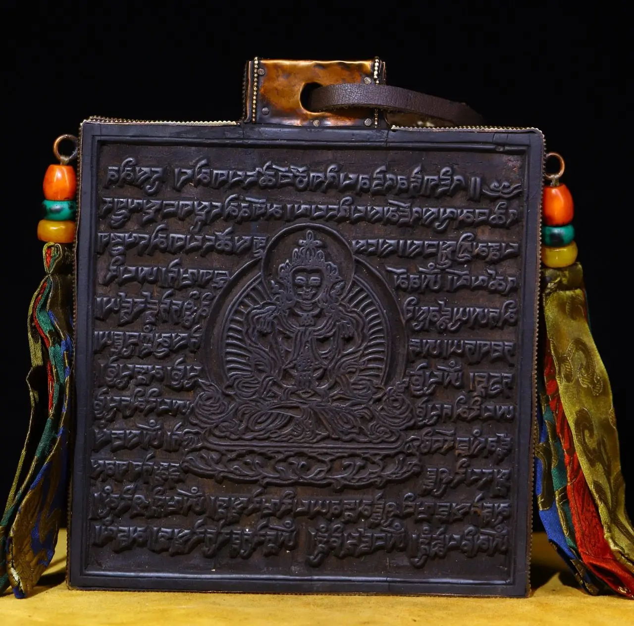 

8"Tibetan Temple Collection Old Bodhi root Hand made Engraved mosaic Warp board Longevity Buddha Statue Town House Exorcism