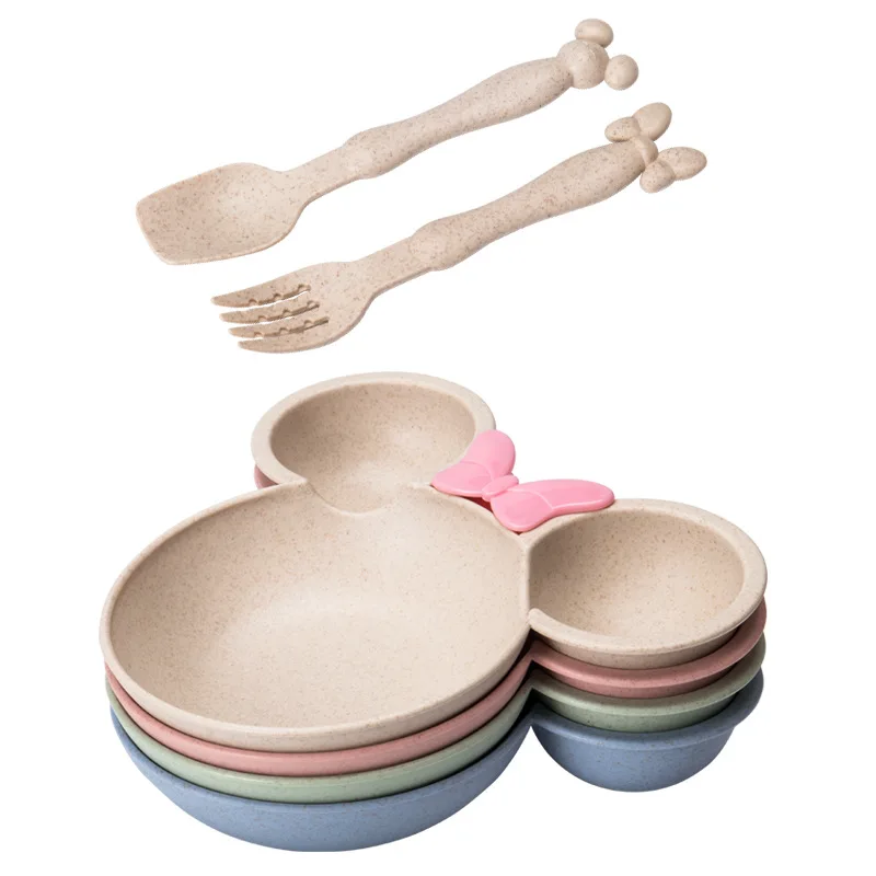 Cartoon Tableware Set Grid Design Wheat Straw Tableware Convenient To Carry Travel Children's Bowl Set Plate + Spoon + Fork