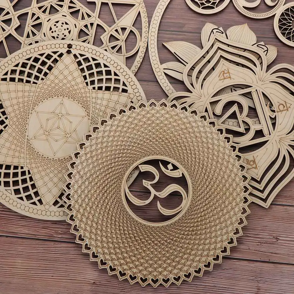 Natural Symbol Wood Chakra Flower of life Energy Mat Round Edge Circles Carved Coaster For Stone Crystal Set Kitchen Wall Decor