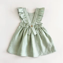 2024 Summer New Fresh And Cute Cotton And Linen Princess Dresses Girl Solid Color Ruffled Sleeveless Dress TZ47