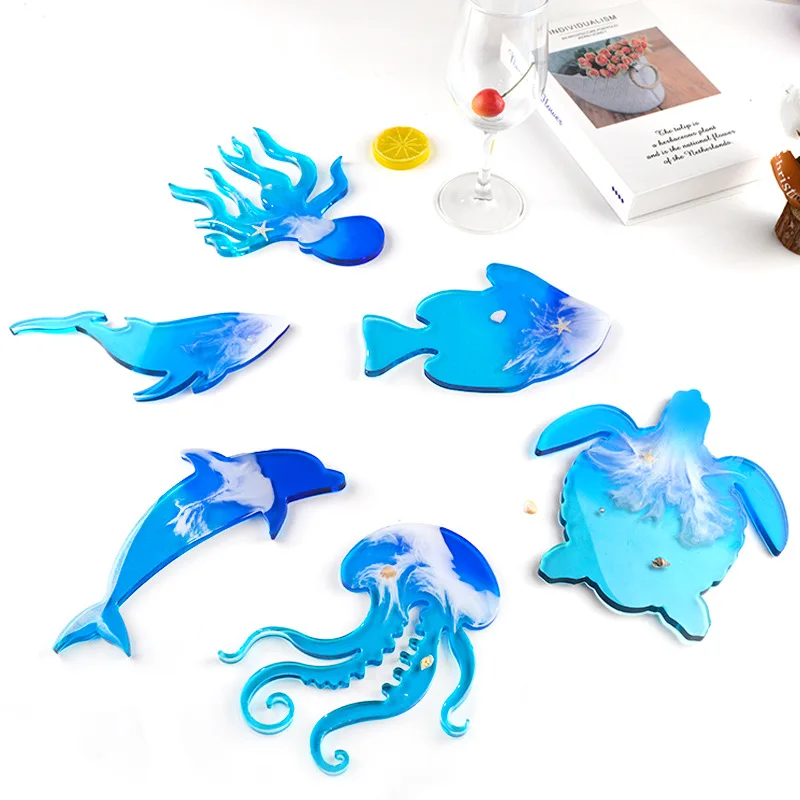 

DIY Crystal Silicone Mold Marine Turtle Dolphins Cup Pad Coaster Mold For Resin Table Dessert Cup Storage Decoration Mold Set