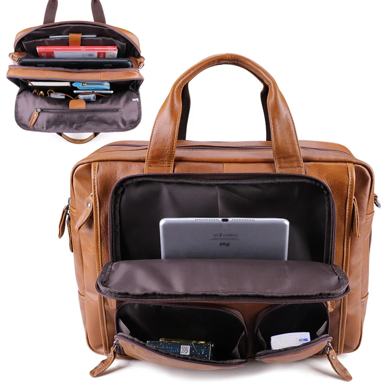 Laptop Bag Genuine Leather Men Briefcase 15.6 17 inch Business Tote Vintage Male Big Shoulder Bag Travel Duffel Huawei Air Pro