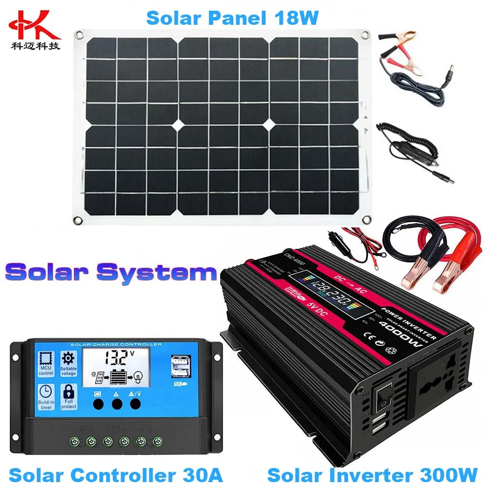 

ZB Solar Power Sysem = Transformer Converter Inverter 12v 220v 110v 300W Cigarette Lighter + 18w Solar Panel + 30A Controller