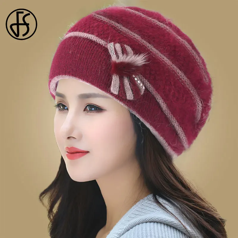 FS Winter Hats For Women Beret Angora Knit Hat Warm Flower Bow Fashion Double Layers Thermal Snow Caps Berets Femme Hiver