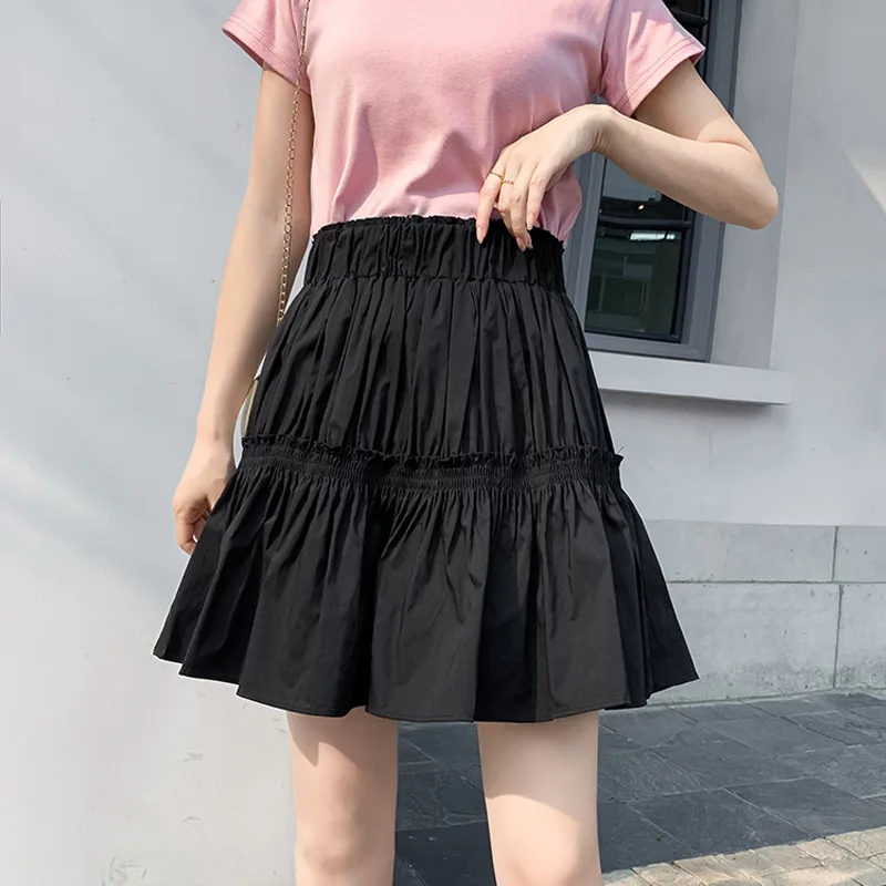 2020 solid color pendulum pleated vintage white mori series high waist slim A- line wrinkled summer small skirts for women