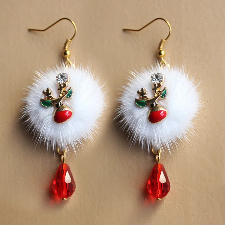 

Brand New Year Gift Santa Claus Plum Deer White Velvet Ball Red Crystal Drop Earring Pendant Long Earrings For Christmas