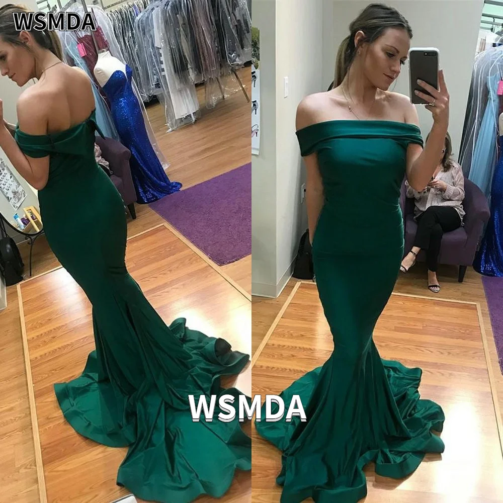 

2021 Off-the-shoulder Zipper Mermaid Prom Dress Satin Sweep Train Trumpet Formal Party Gown Special Occasion Dresses Custom Made