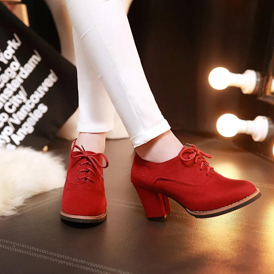 Vintage Women Lace Up Pumps Square Heel Round Toe High Heels British Style Oxfords Autumn Low Top Student Shoes Blue Booties 33