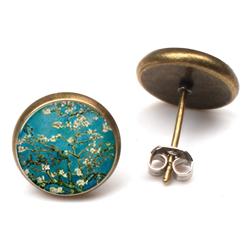 Van Gogh Almond Stud Earrings Branch in Bloom Art Earring Bridal Jewelry Van Gogh\'s Painting Glass Cabochon art Earring