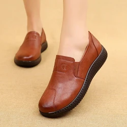 Fashion Slip-on Sewing Sneakers Women Flat Shoes 2024 Spring Soft Wedge Leather Loafers Casual Mother Flats Size 9 Brown